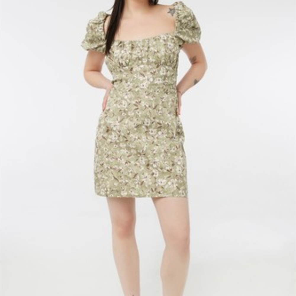 Ardene Olive Floral Puff Sleeve Mini Dress